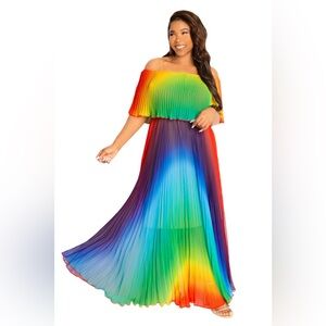 Buxom Curvy 1X Maxi Dress Multicolor Off shoulder Pleated Flowy Ombré Colorful
